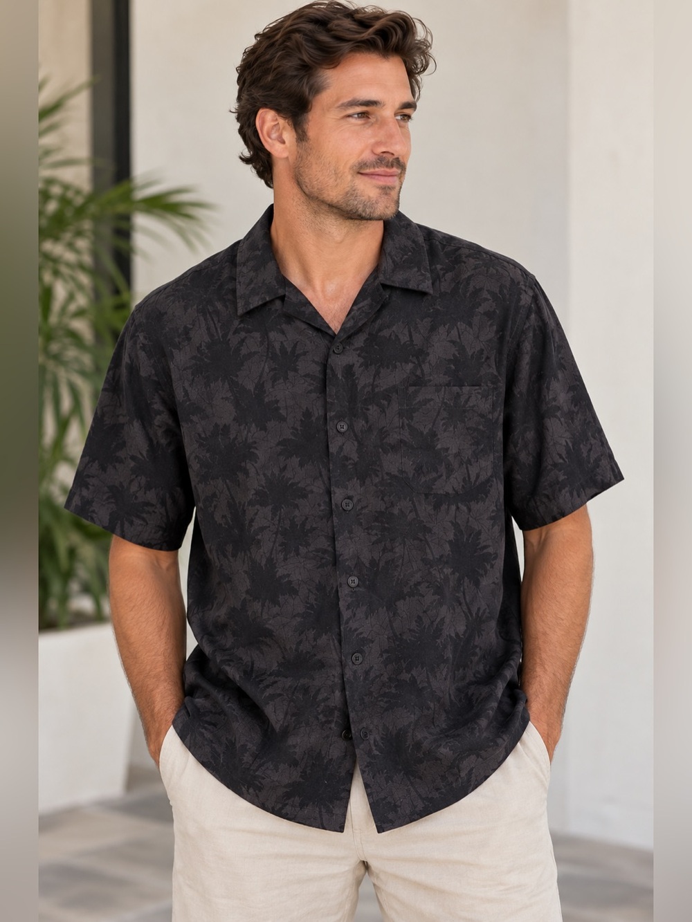 NWT Nat Nast Black Silk Blend Palm Print Camp Shirt XL Hawaiian Button Up